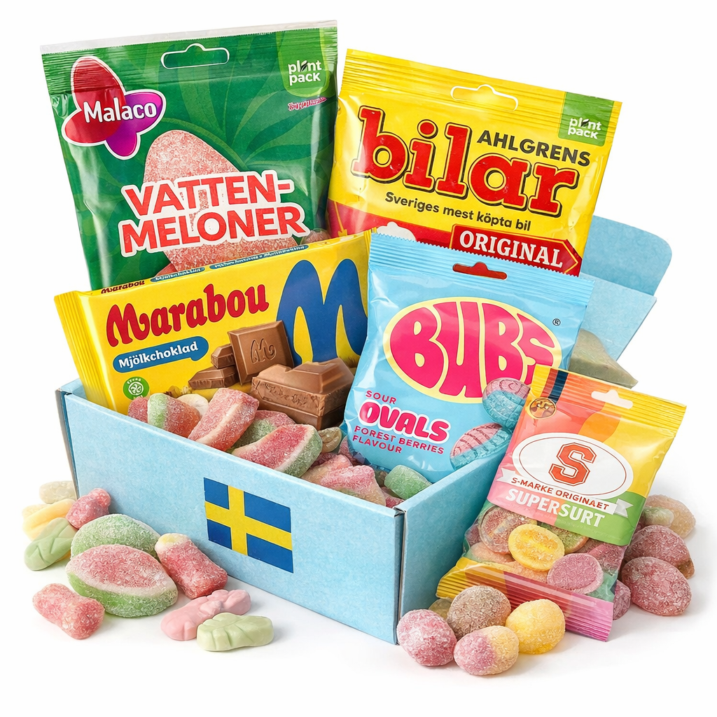Swedish candy starter pack — a ready-made lördagsgodis box with Malaco, Marabou, BUBS and Ahlgrens Bilar